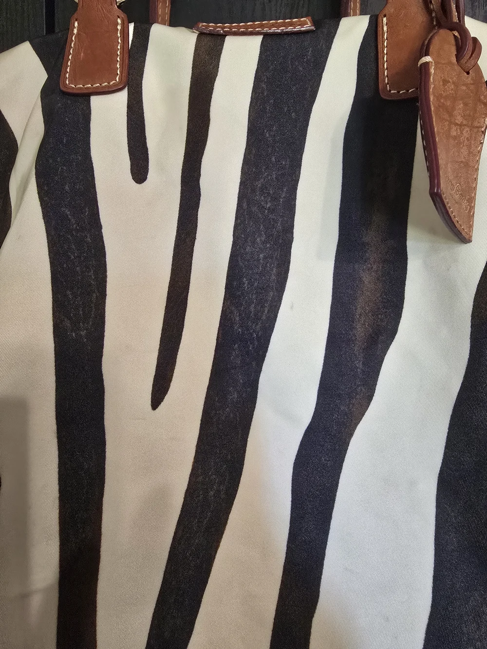 Dooney & Bourke Black and White Zebra Stripe Tote with Brown Leather Handles